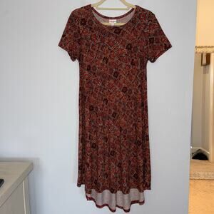 LuLaRoe Carly Swing Dress Size XS Orange Floral Pocket Stretch Short Sleeve